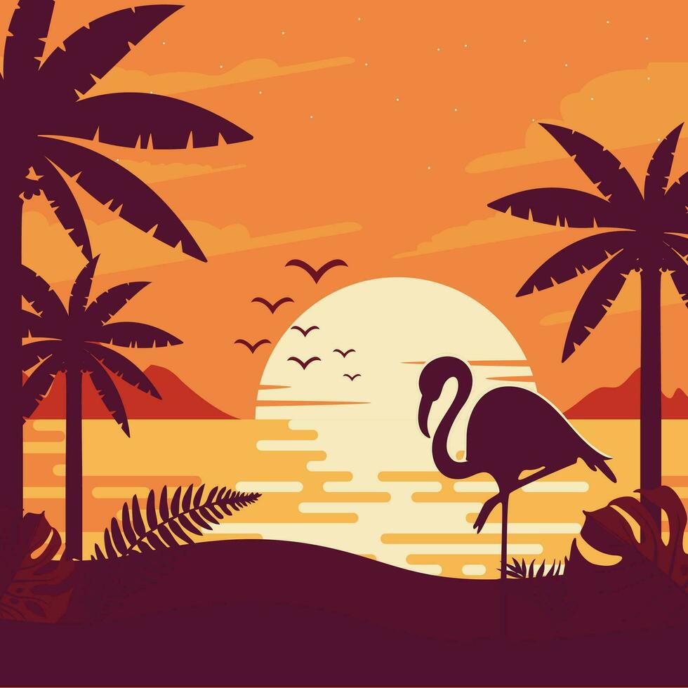 Gradient beach sunset landscape with palm tree background vector