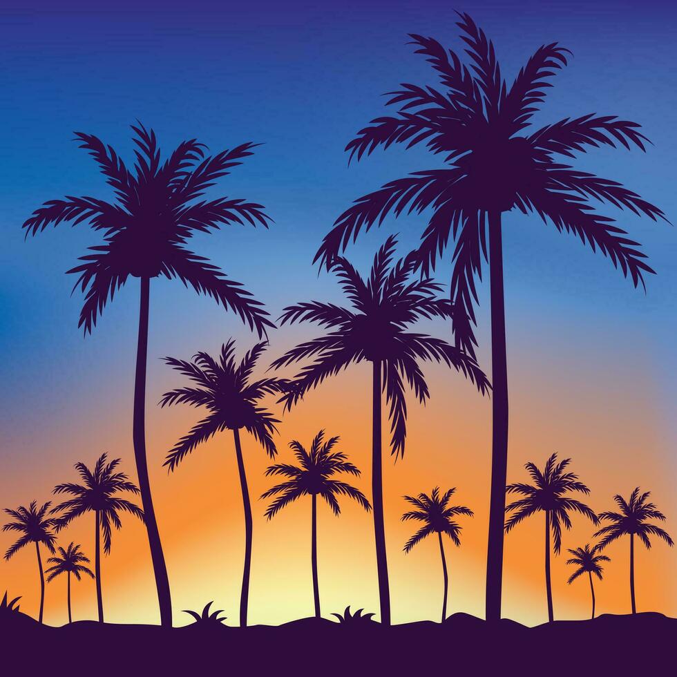 Gradient beach sunset landscape with palm tree background vector
