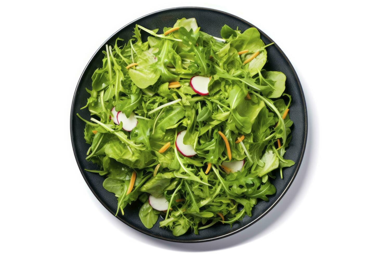 AI generated Healthy fresh green salad plate shot from above on white background. AI Generated photo
