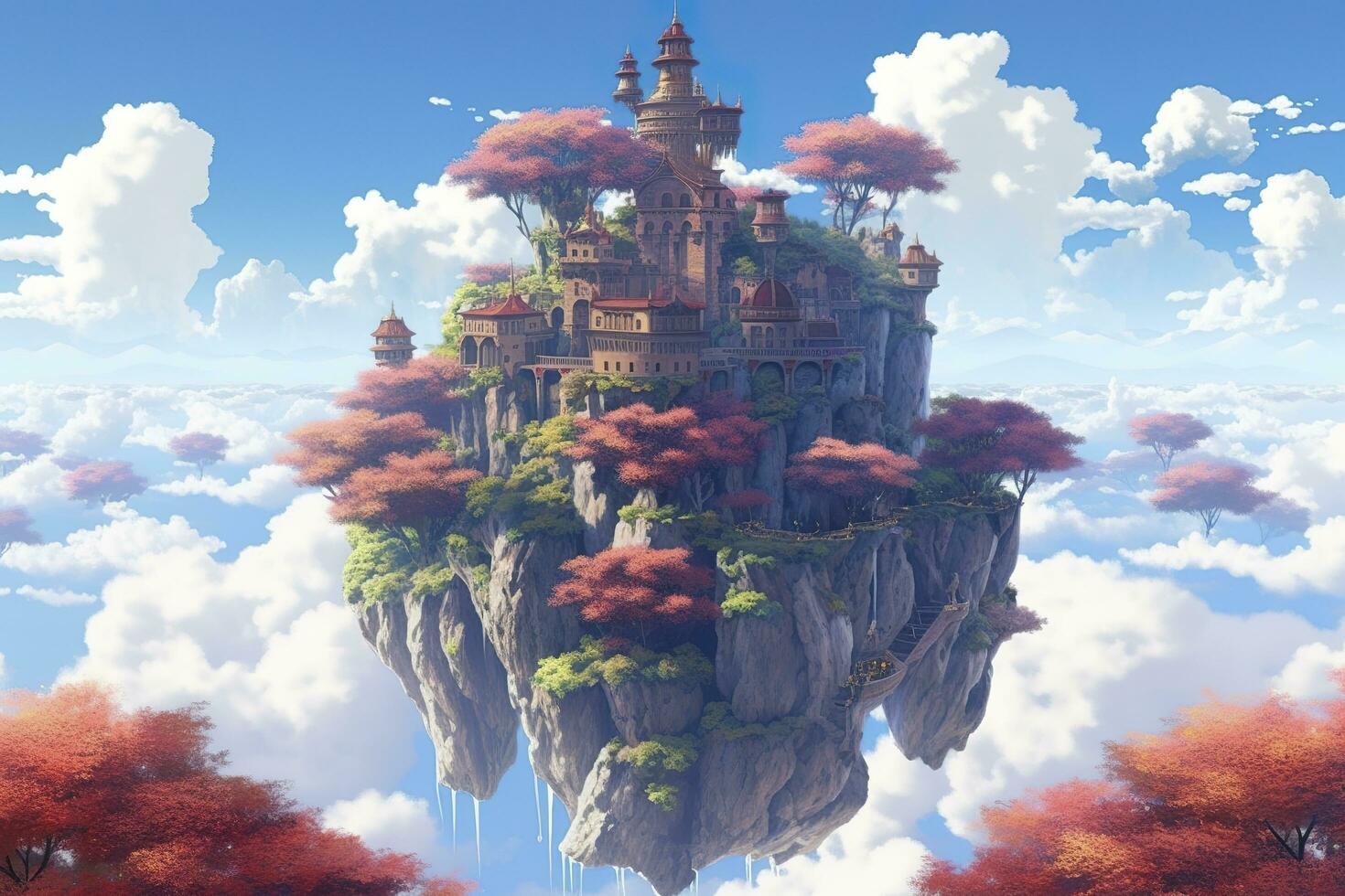 AI generated Ancient Heavenly Floating island in the sky with a castle, vibrant, fantasypunk, AI Generative photo