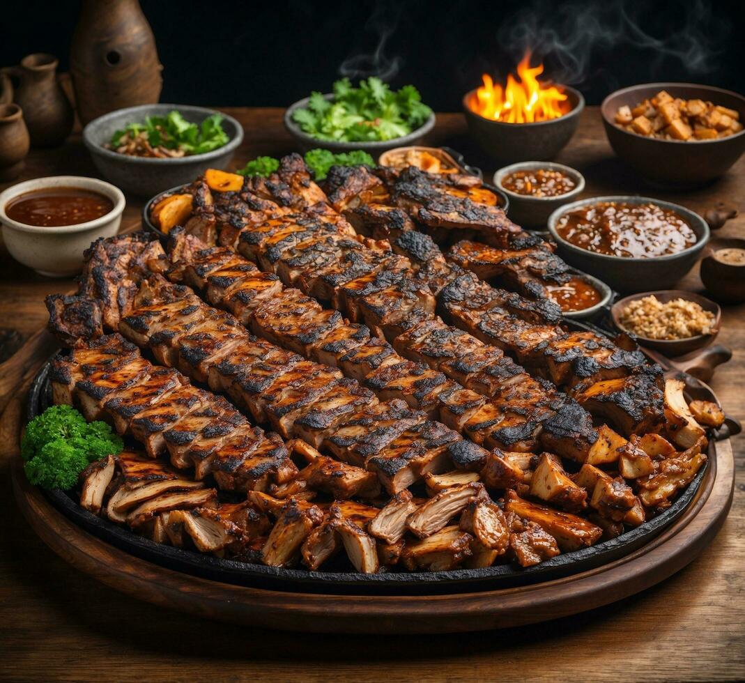 ai generado A la parrilla Cerdo costillas con picante salsa en de madera junta, de cerca foto