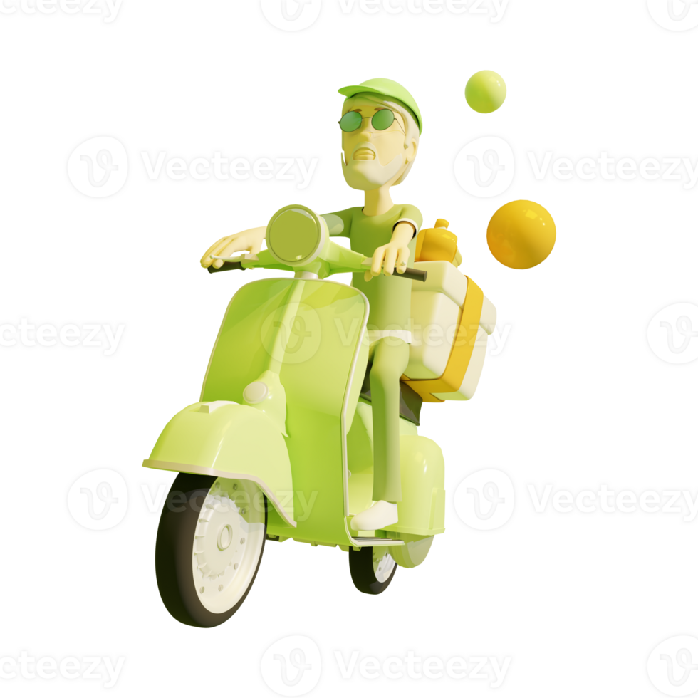 3d ilustración. linda dibujos animados personaje, joven hombre mensajero entrega Servicio en moto en transparente png antecedentes.