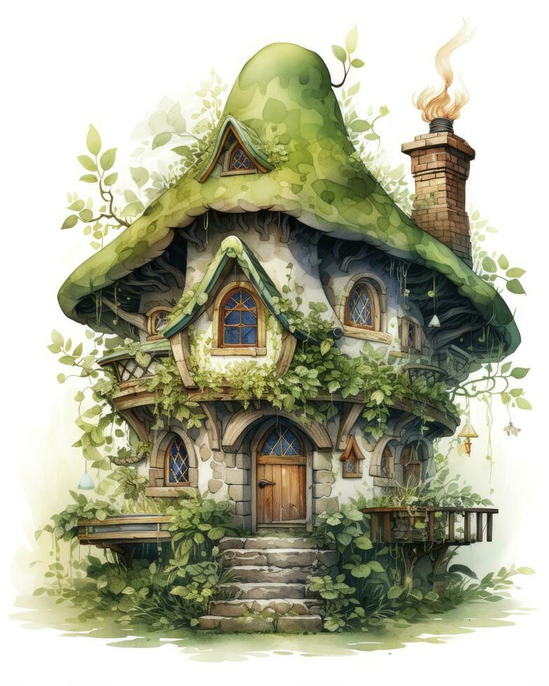 AI generated Watercolor mossy cottage isolated on white background. AI Generated photo