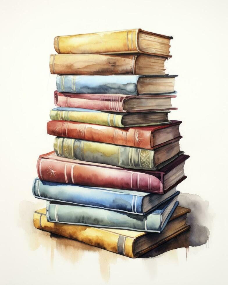 AI generated Watercolor pile of books isolated on white background. AI Generated photo