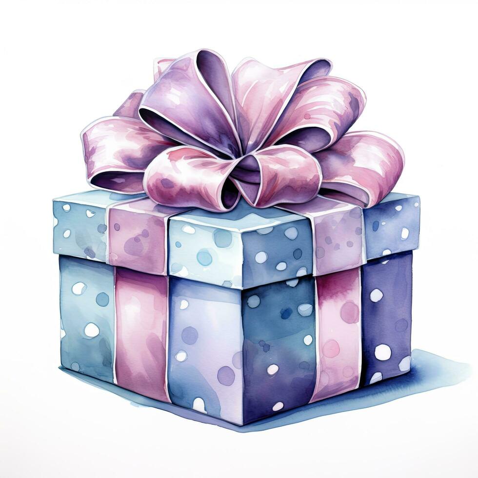 AI generated Watercolor birthday present with bow isolated on white background.  AI Generated photo