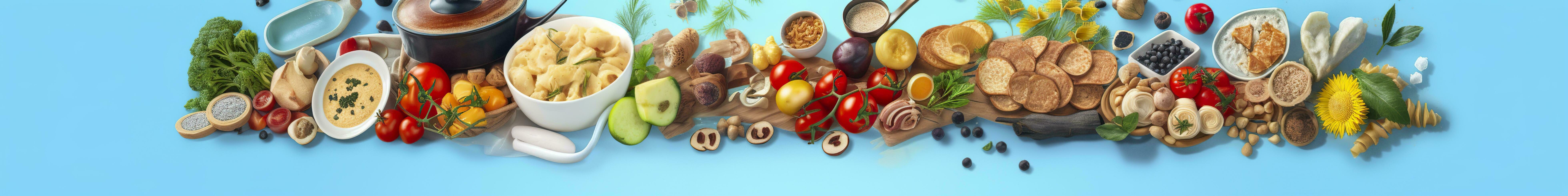 AI generated Web page banner of famous Italian food recipes on clean blue background. AI Generated photo