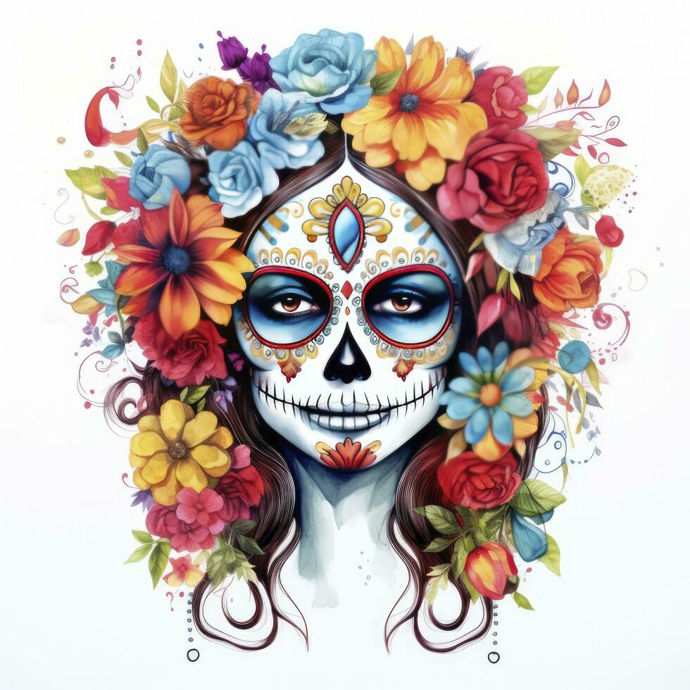 AI generated Woman sugar skull with beautiful colored flowers on white background. AI Generated photo