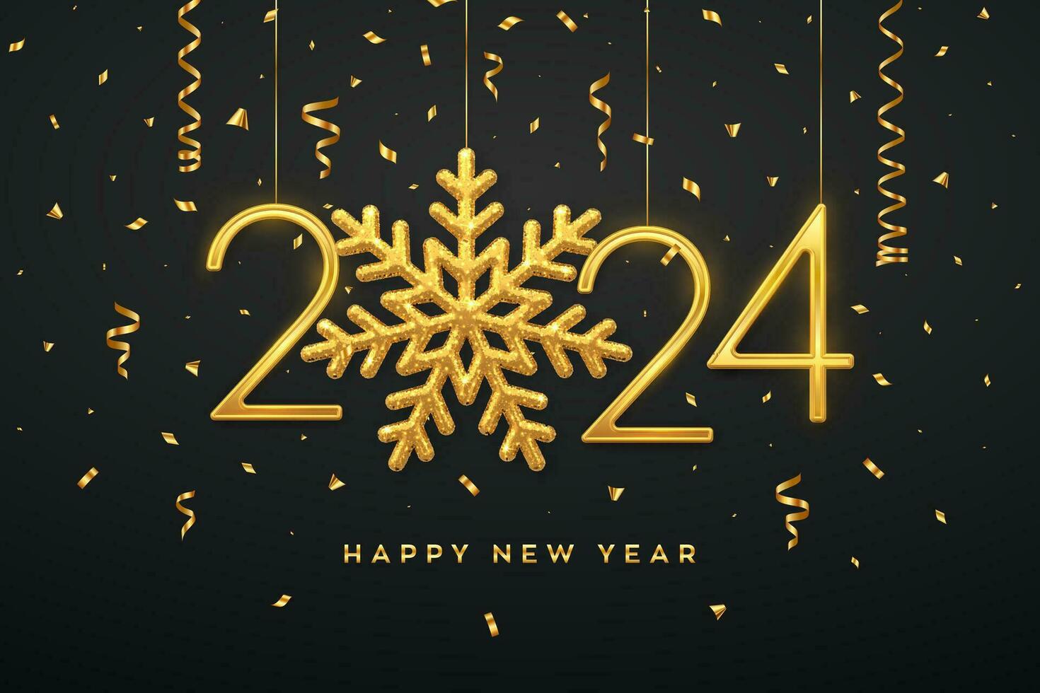 Happy New Year 2024. Hanging Golden metallic numbers 2024 with shining snowflake and confetti on black background. New Year greeting card or banner template. Holiday decoration. Vector illustration.