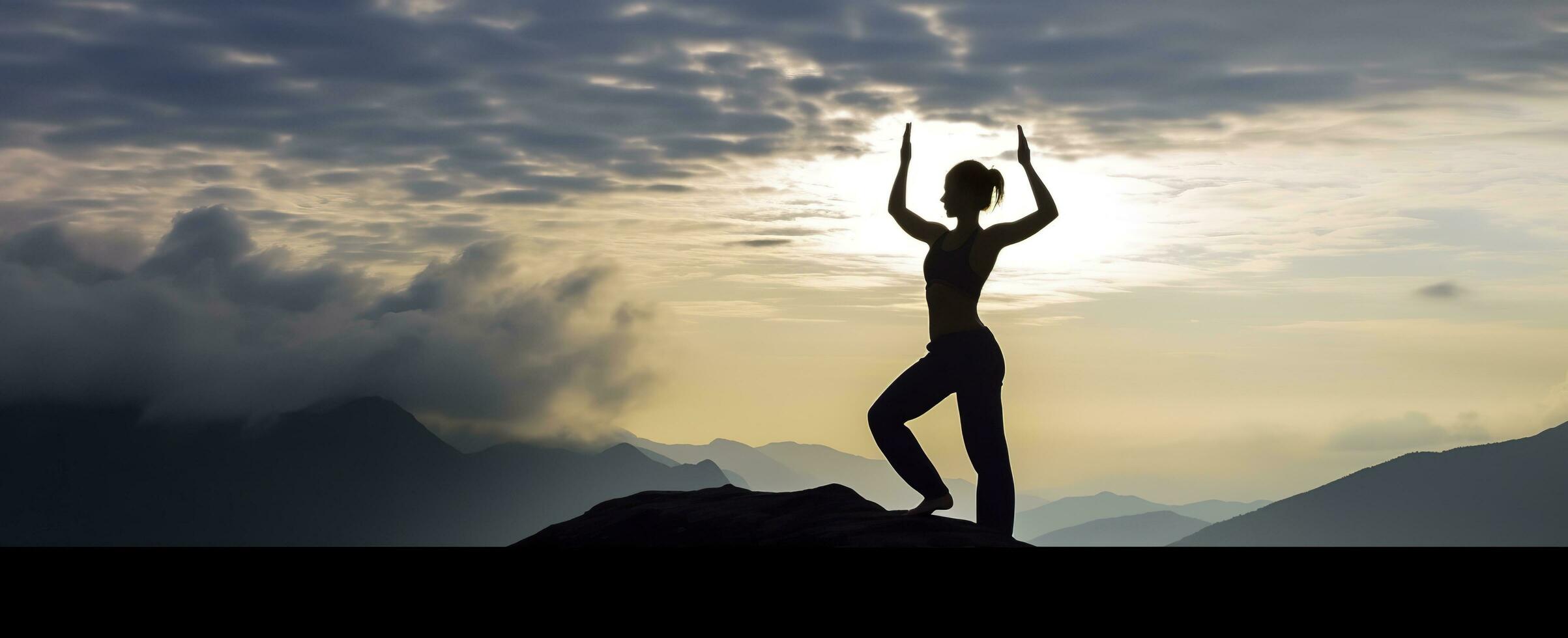 AI generated silhouette of a woman practicing yoga in the summit with mountain Background. AI Generated photo