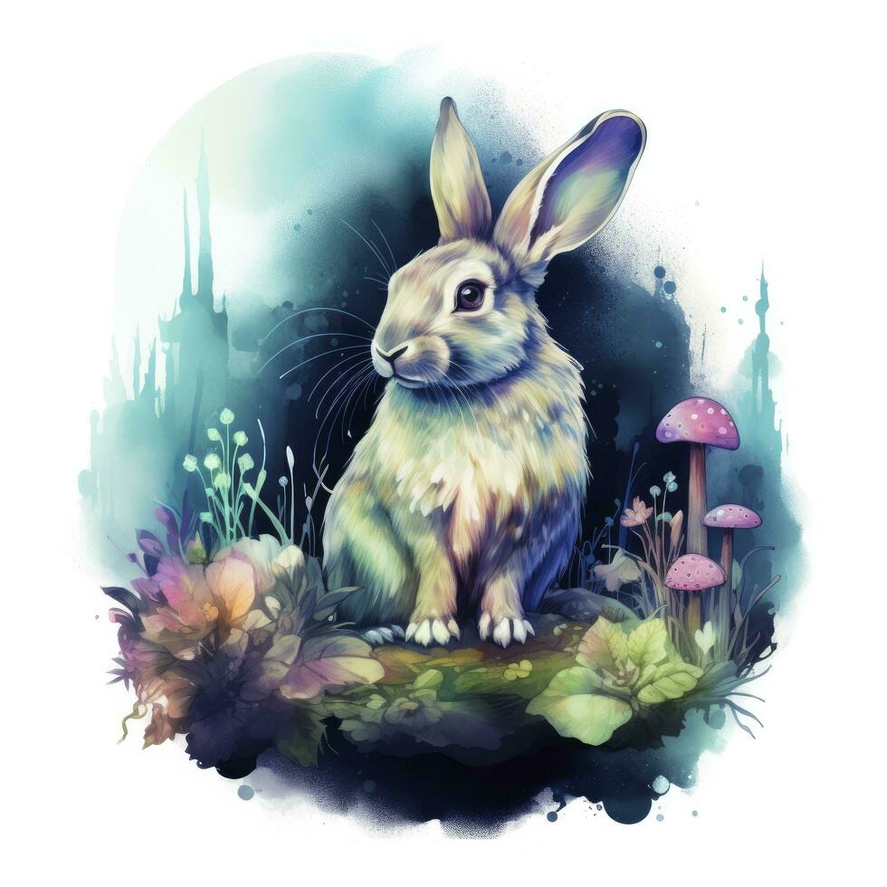 AI generated Watercolor Rabbit and Glowing Moon for T-shirt Design. AI Generated photo