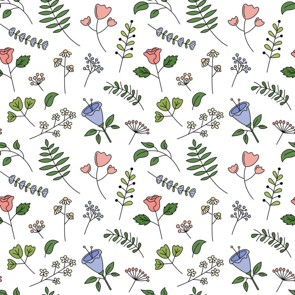 Floral seamless pattern. White vector background with cute hand drawn flowers, leaf elements. Decorative plants repeat illustration