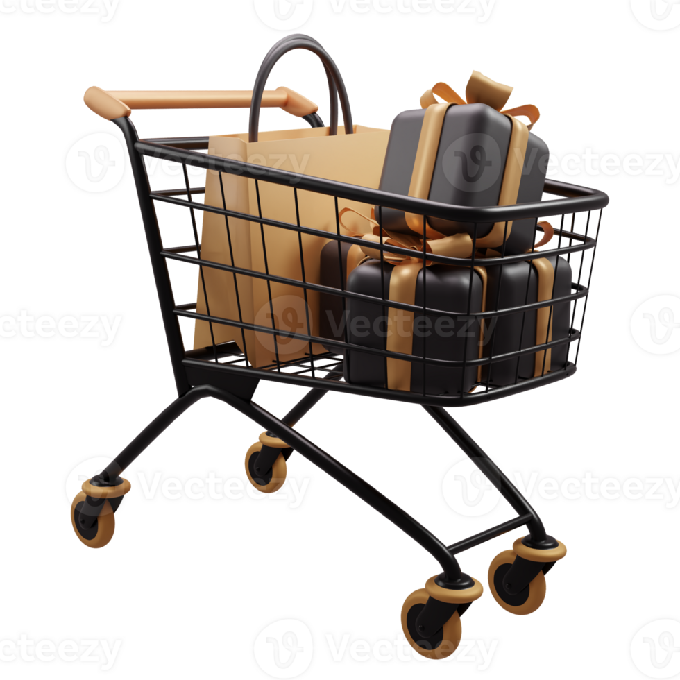 3d illustration of shopping carts concept or trolley with gift boxes black friday element on transparent background png