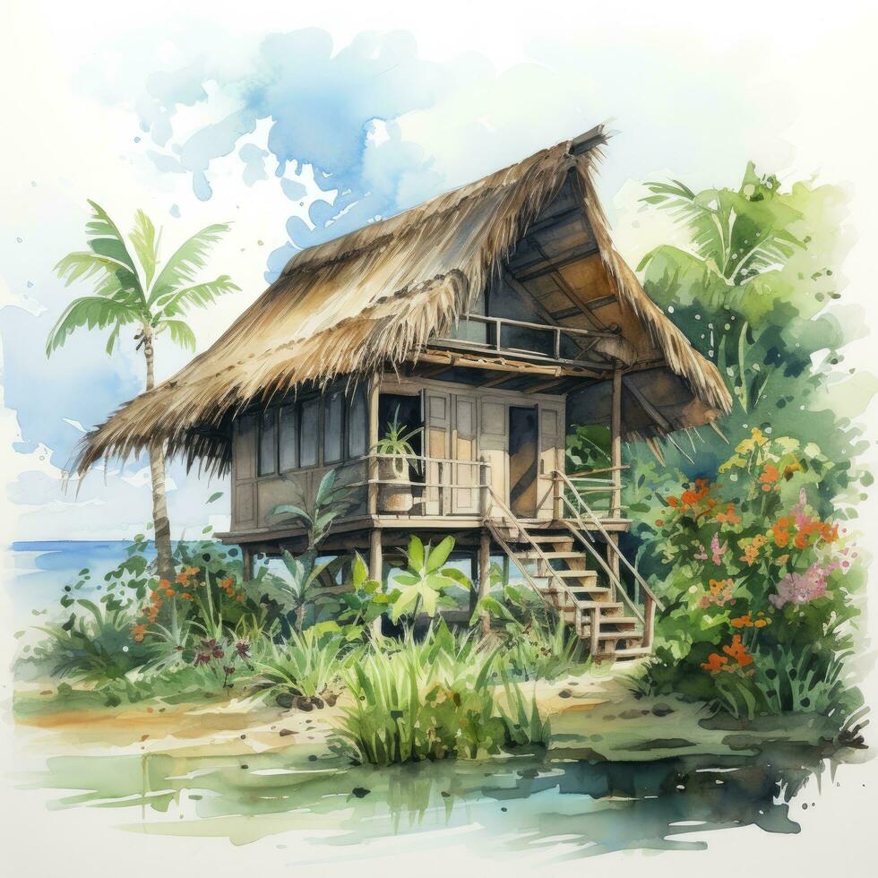 AI generated A watercolored bright serene image of a traditional bahay kubo. AI Generated photo