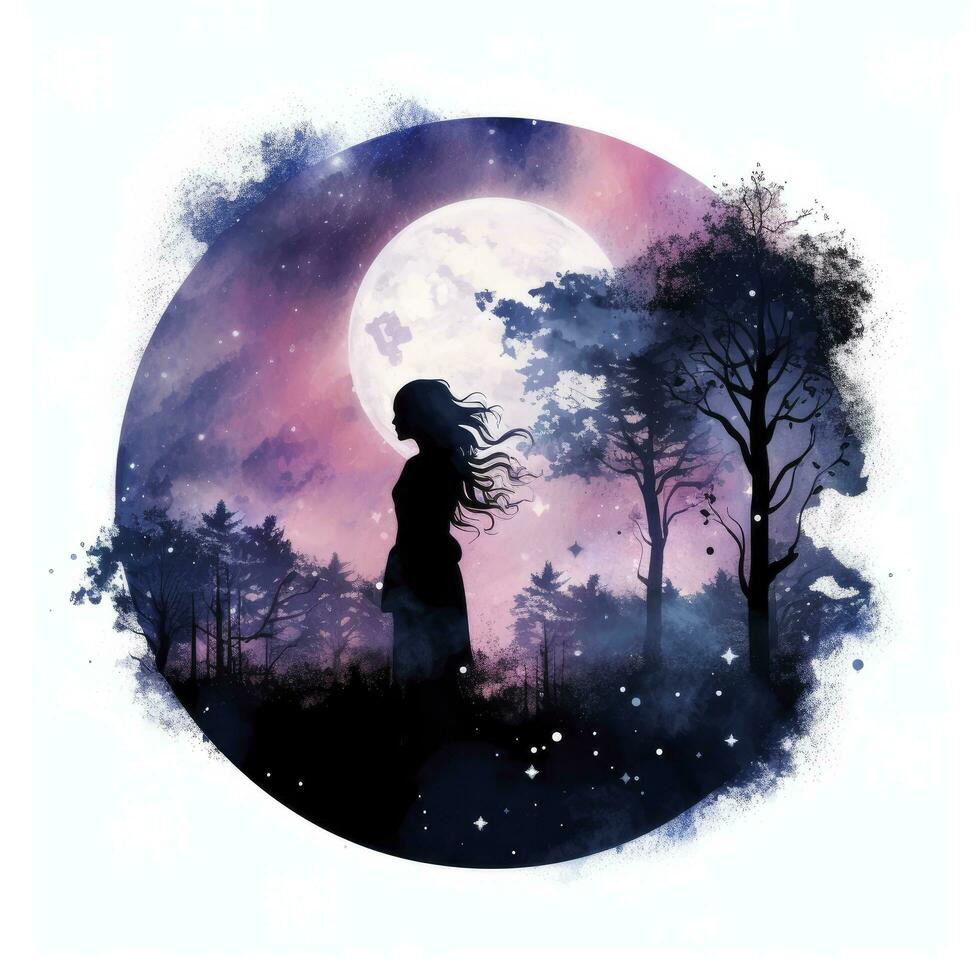 AI generated Forest moon silhouette with fairy shining in the night sky on a white background. AI Generated photo