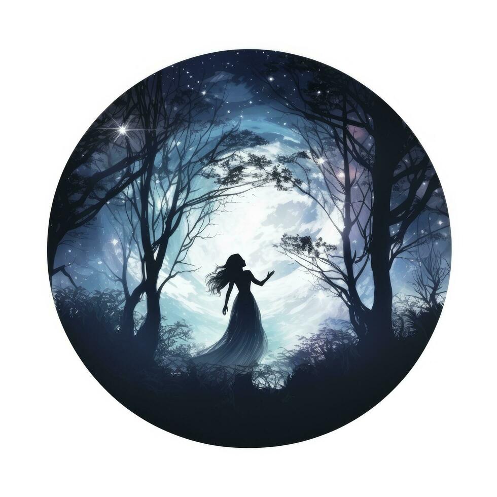 AI generated Forest moon silhouette with fairy shining in the night sky on a white background. AI Generated photo