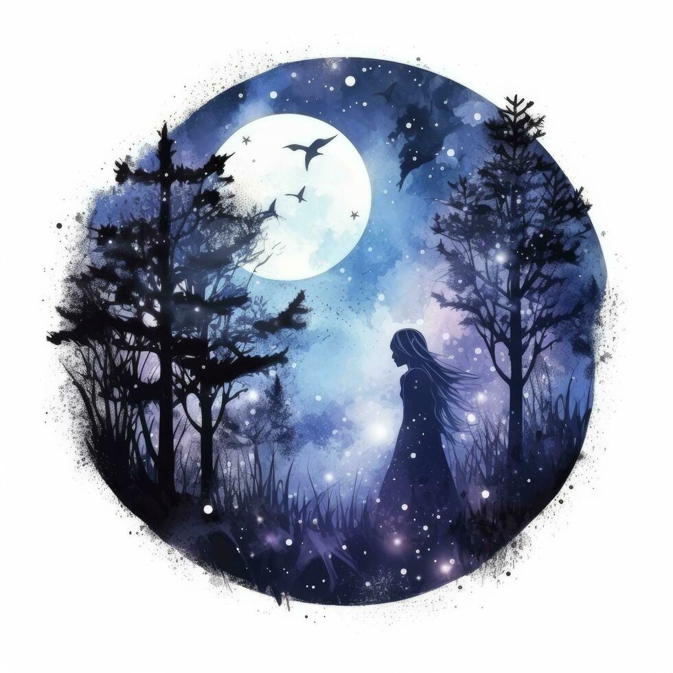 AI generated Forest moon silhouette with fairy shining in the night sky on a white background. AI Generated photo