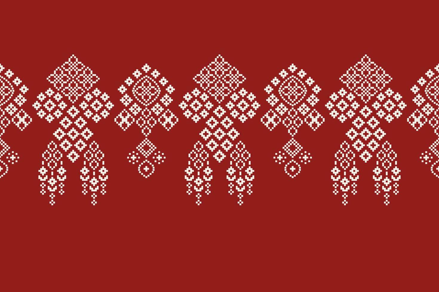 Ethnic geometric fabric pattern Cross Stitch.Ikat embroidery Ethnic oriental Pixel pattern red background. Abstract,vector,illustration. Texture,clothing,frame,decoration,motifs,silk wallpaper. vector