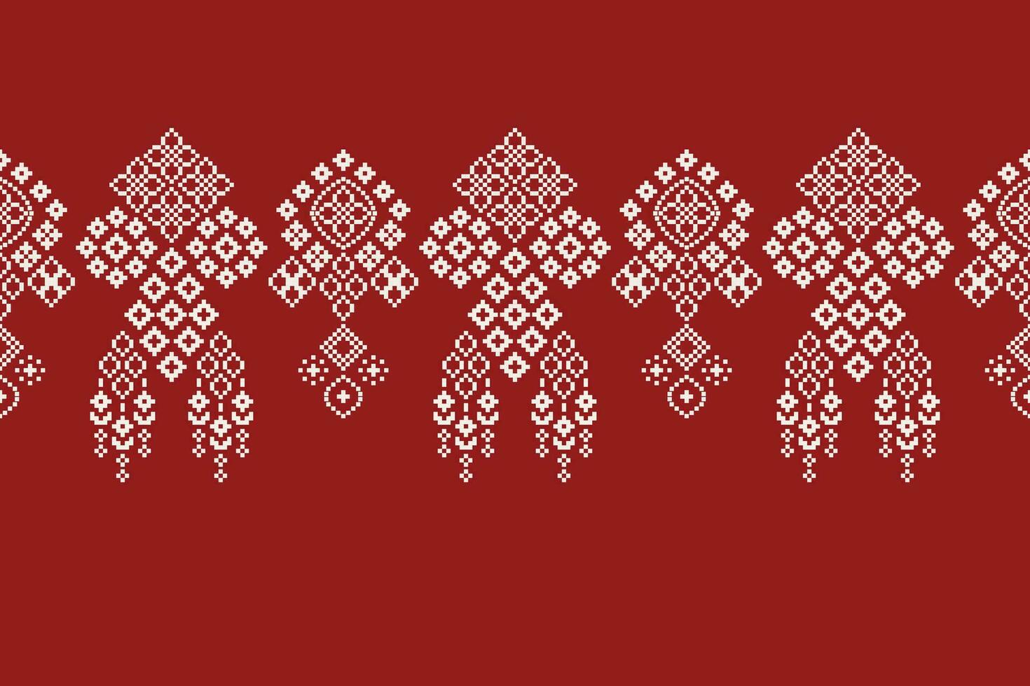 Ethnic geometric fabric pattern Cross Stitch.Ikat embroidery Ethnic oriental Pixel pattern red background. Abstract,vector,illustration. Texture,clothing,frame,decoration,motifs,silk wallpaper. vector