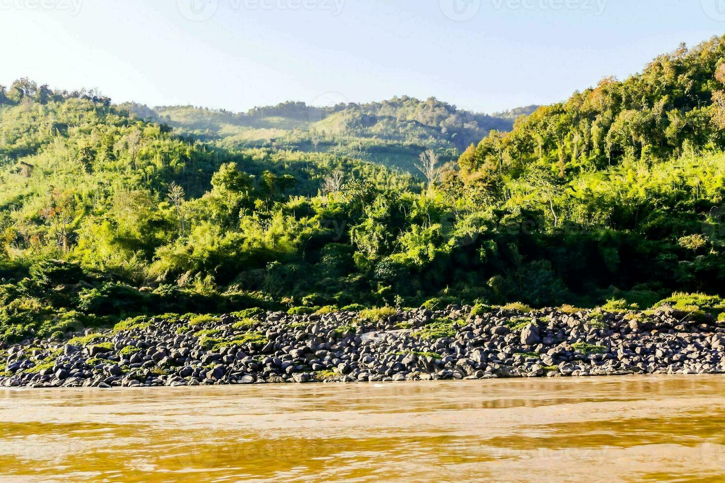 a river with rocks and trees on the shore photo