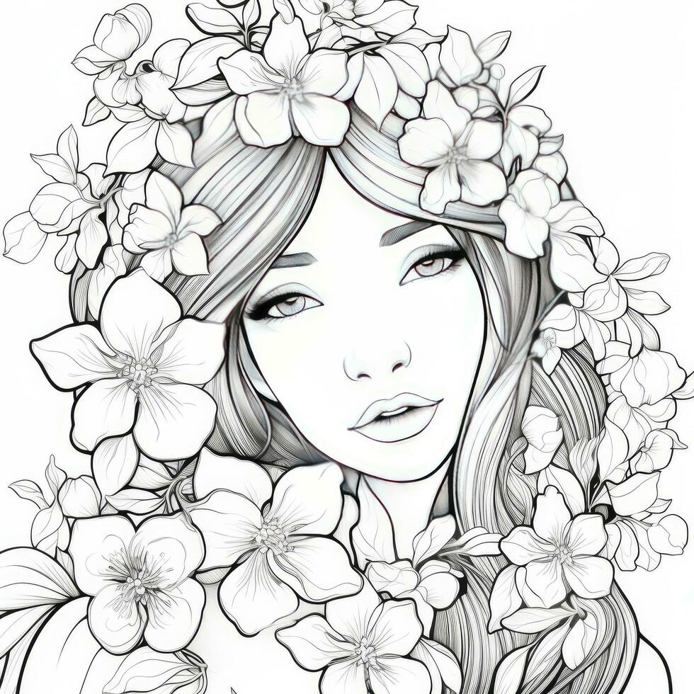 AI generated A girl on a coloring book page with Jasmine flowers. AI Generated photo