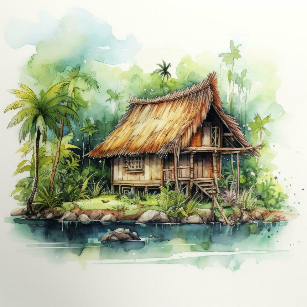 AI generated A watercolored bright serene image of a traditional bahay kubo. AI Generated photo