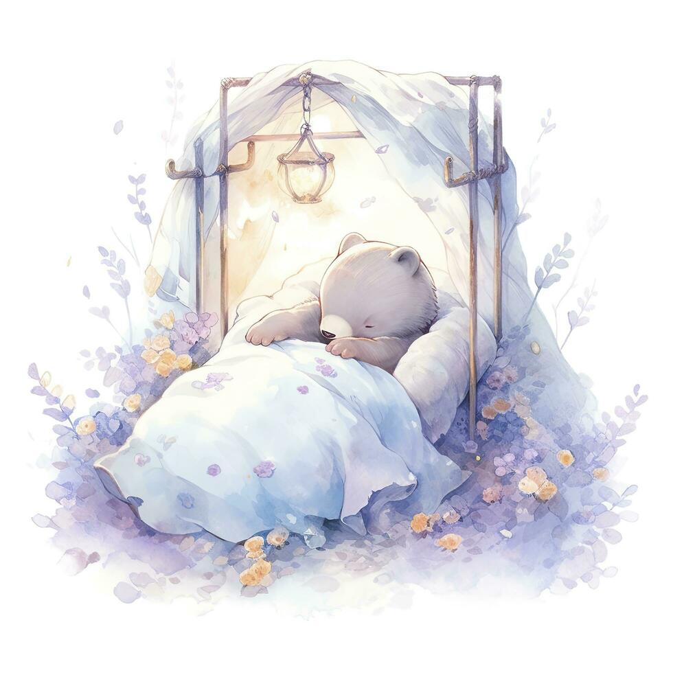 AI generated A sleepy baby bear in a bedding. watercolor illustration. AI Generated photo