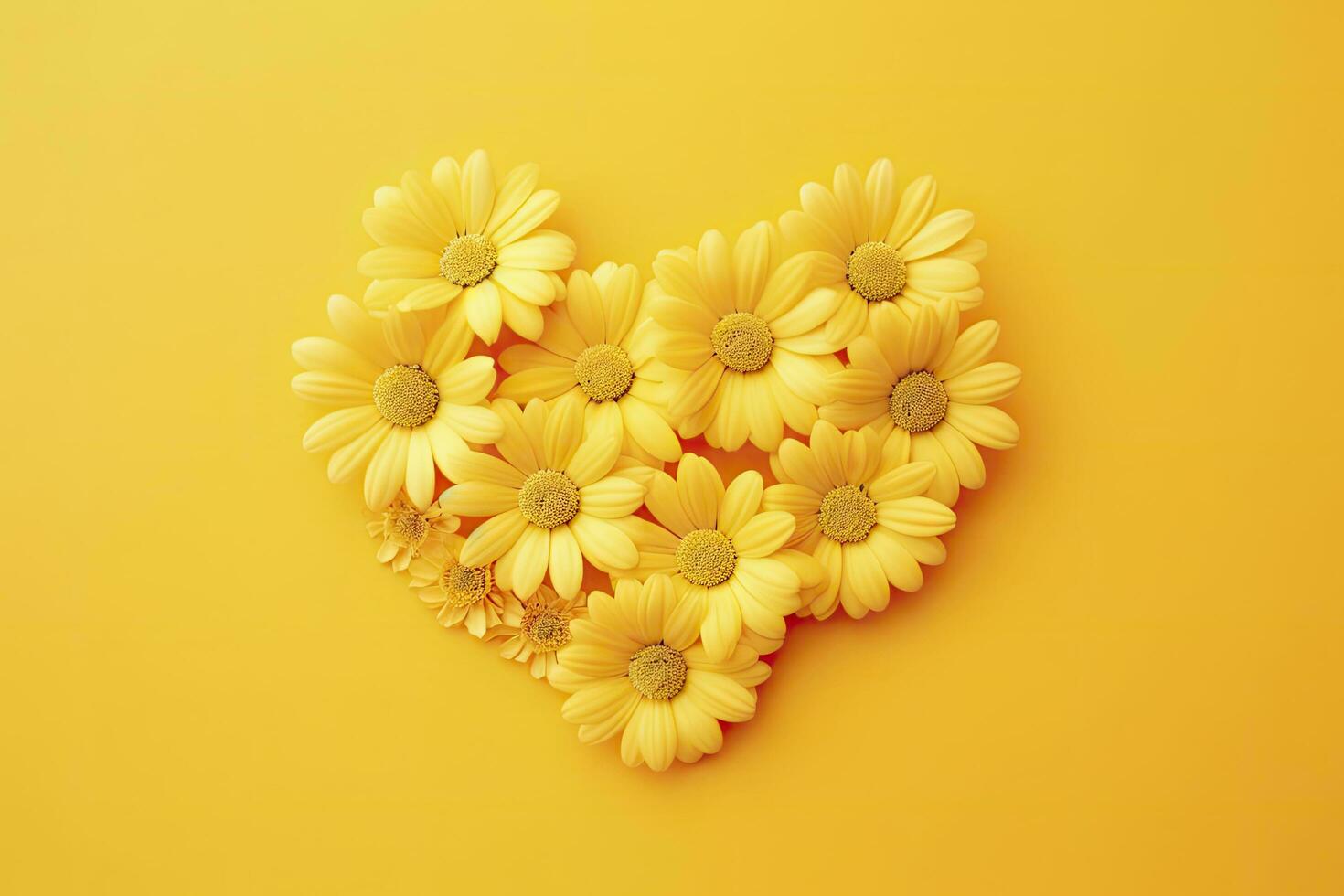 AI generated Yellow Heart Shaped By Yellow Daisies Over Yellow Background. AI Generated photo
