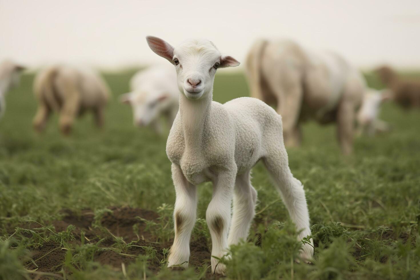 AI generated White lamb in a field in front of other animals. Generative AI photo