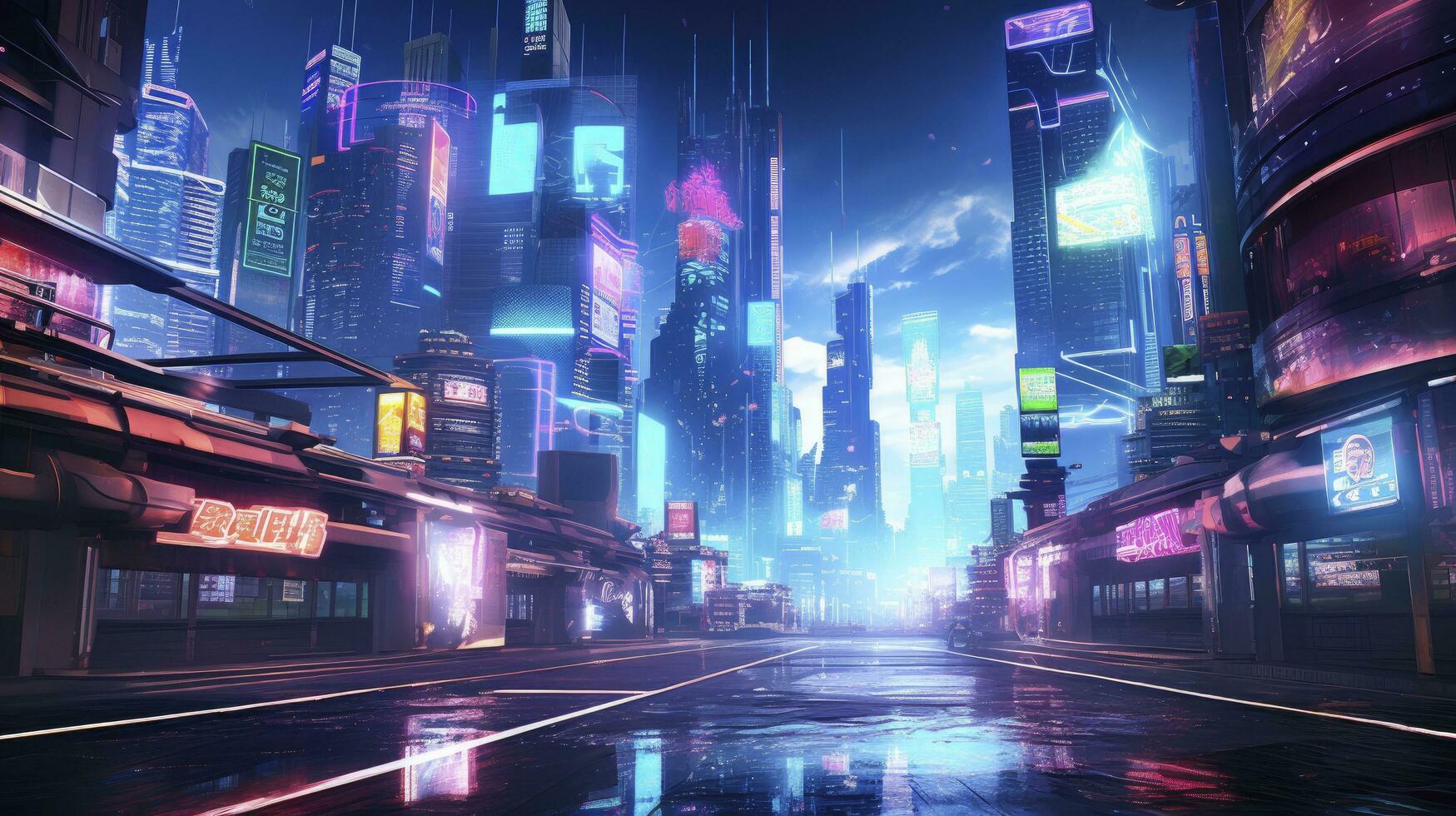 ai generado un futurista, cyberpunk inspirado paisaje urbano a noche. ai generado foto