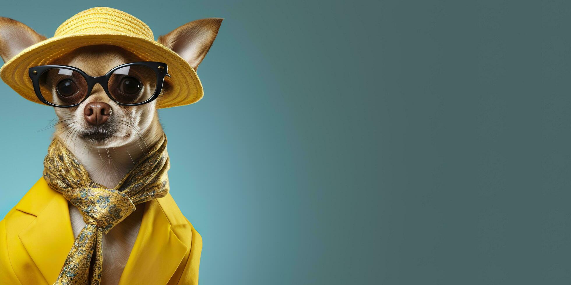 AI generated Cool looking Chihuahua dog wearing funky fashion dress. space for text right side. Generative AI photo