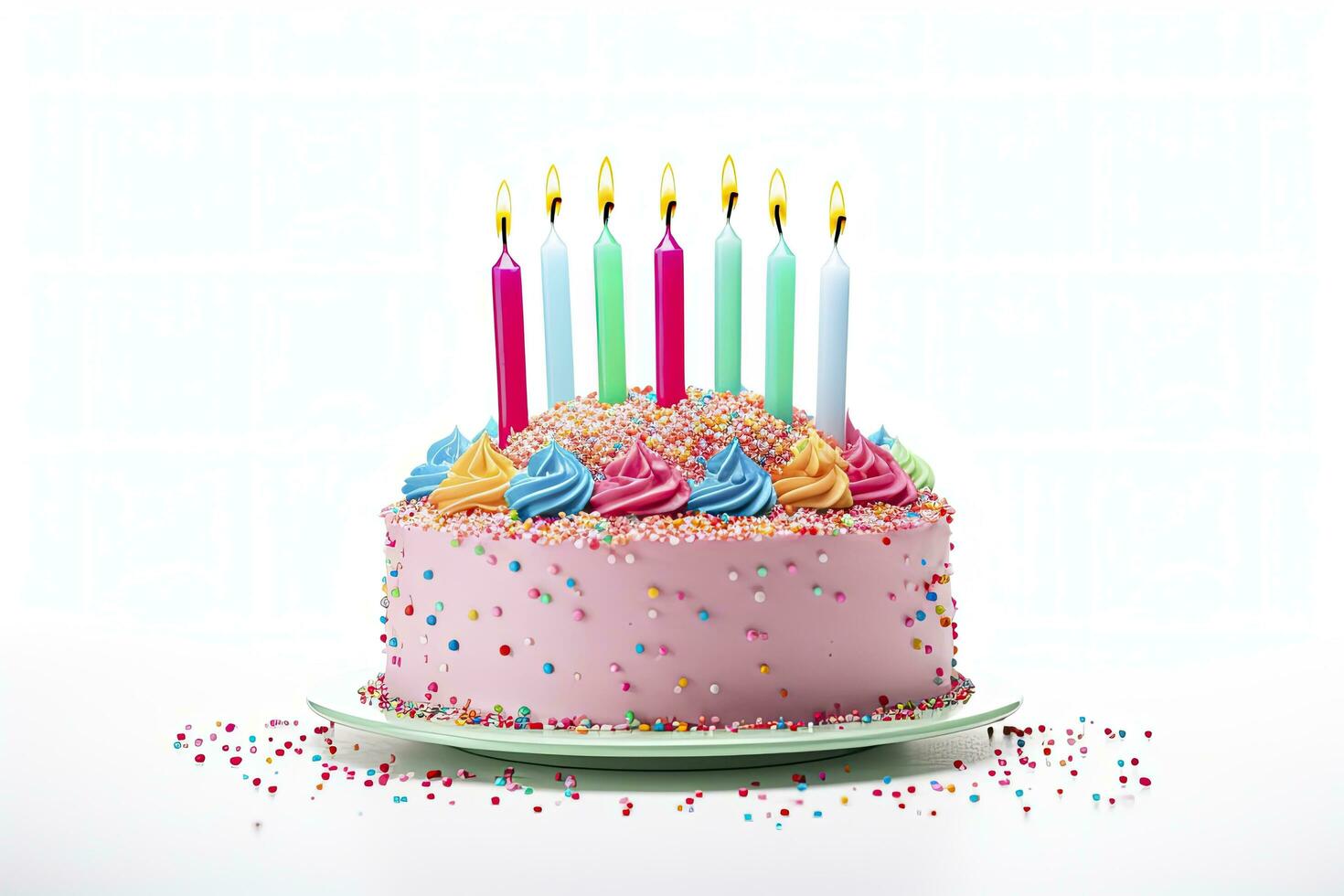 AI generated Colourful birthday cake with candles isolated on white background. AI Generated photo