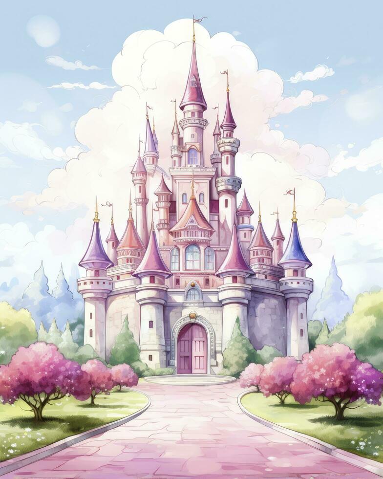 AI generated Colorful watercolor kawaii castle isolated on white background. AI Generated photo