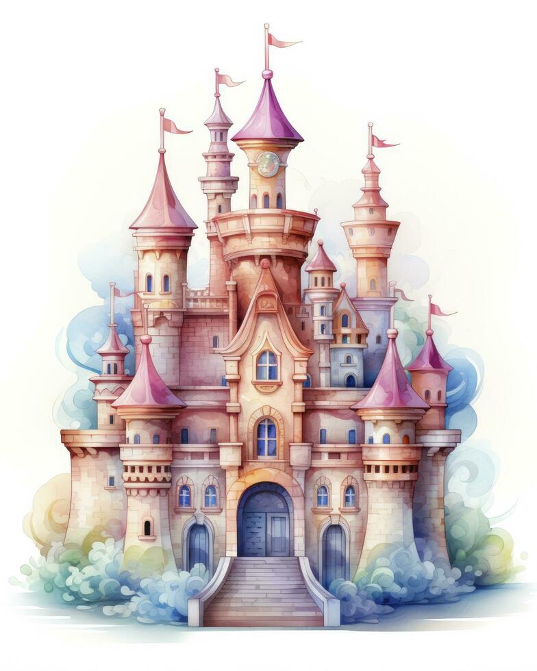 AI generated Colorful watercolor kawaii castle isolated on white background. AI Generated photo