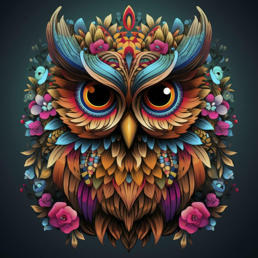 AI generated Multicolored mandala owl coloring page for adults. AI Generated photo