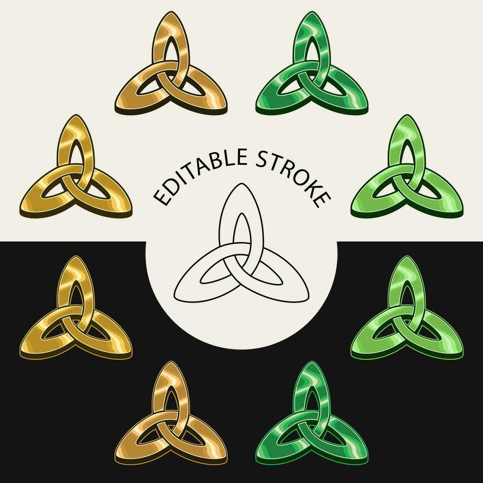 Shiny triquetra sign in vintage style. Golden and green colors. Shape with editable stroke. vector