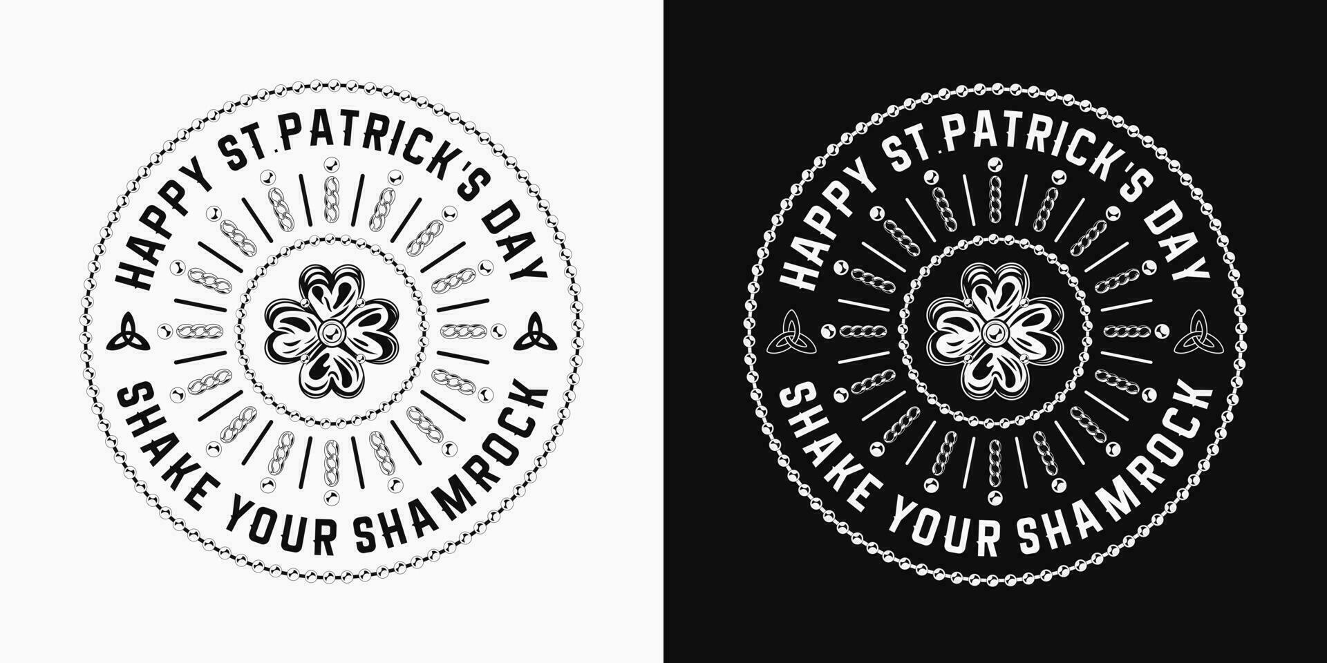 circular S t patricks día etiqueta con cuatro hojas trébol trébol, cadenas, rosario, texto. Clásico ilustración en negro, blanco antecedentes vector