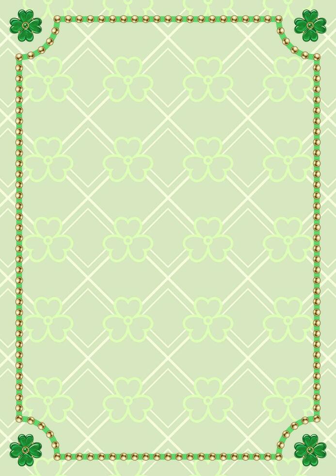 St Patricks Day vertical rectangular frame with shiny gold beads, lucky four leaves shamrocks in the corners. Thin geometric ornament on light colored background. Template for menu, poster, invitation vector