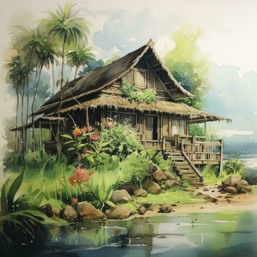 AI generated A watercolored bright serene image of a traditional bahay kubo. AI Generated photo