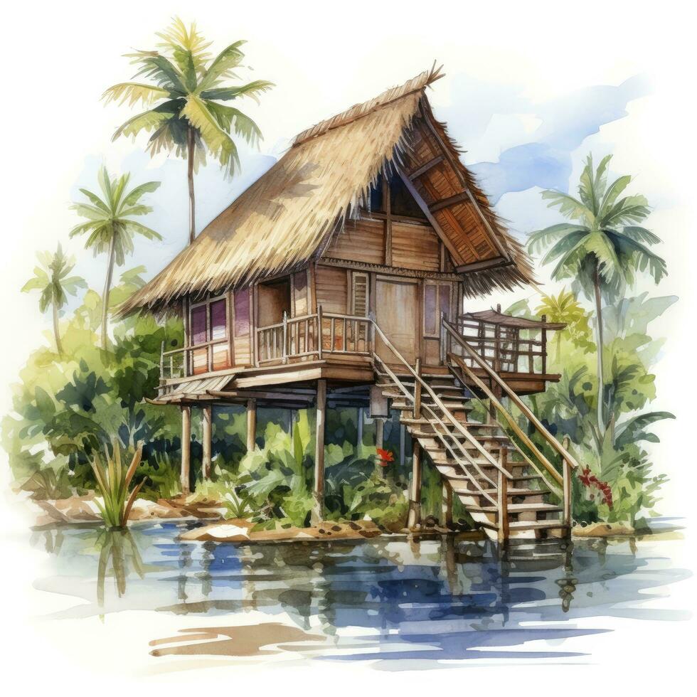 AI generated A watercolored bright serene image of a traditional bahay kubo. AI Generated photo