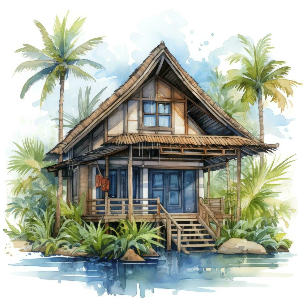 AI generated A watercolored bright serene image of a traditional bahay kubo. AI Generated photo