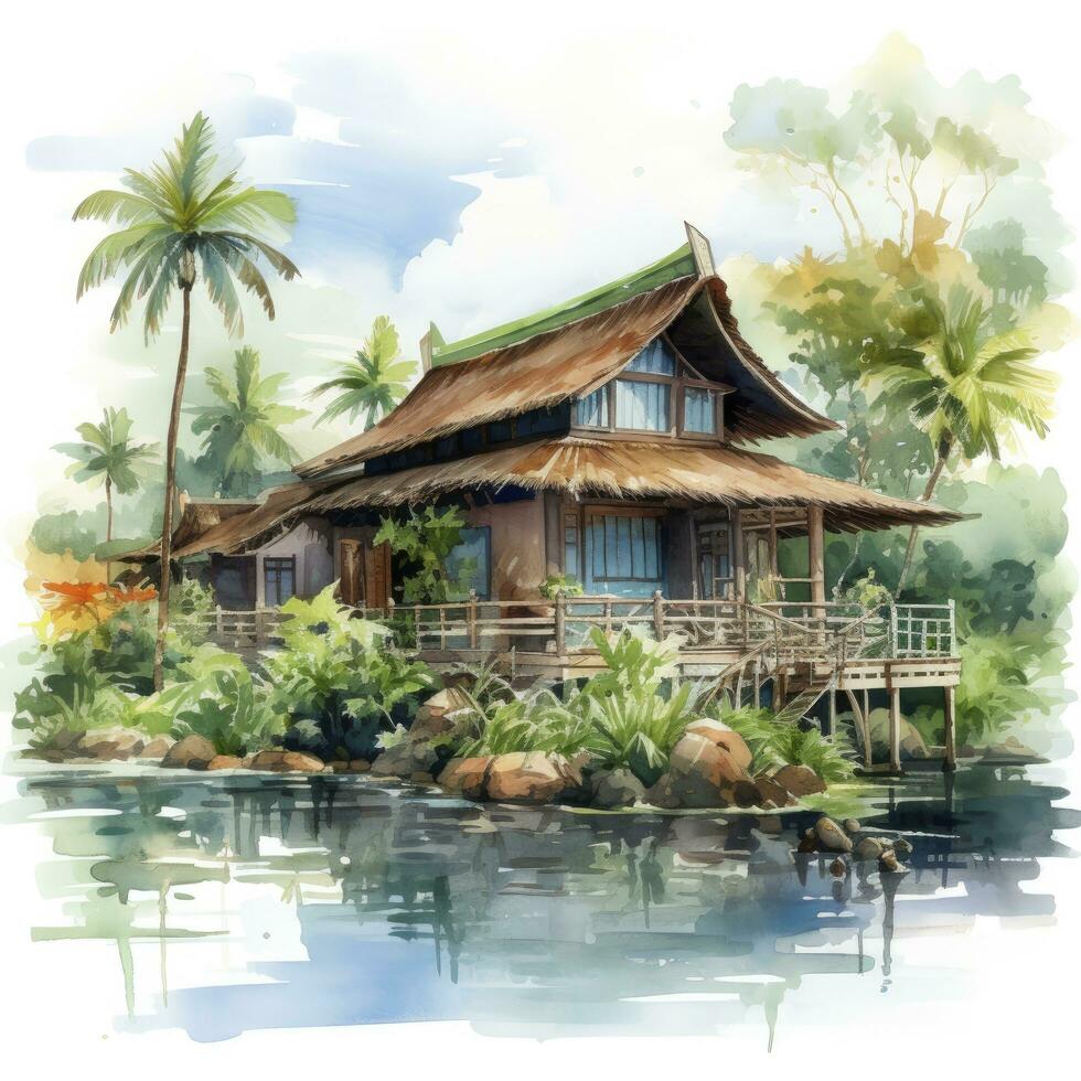 AI generated A watercolored bright serene image of a traditional bahay kubo. AI Generated photo