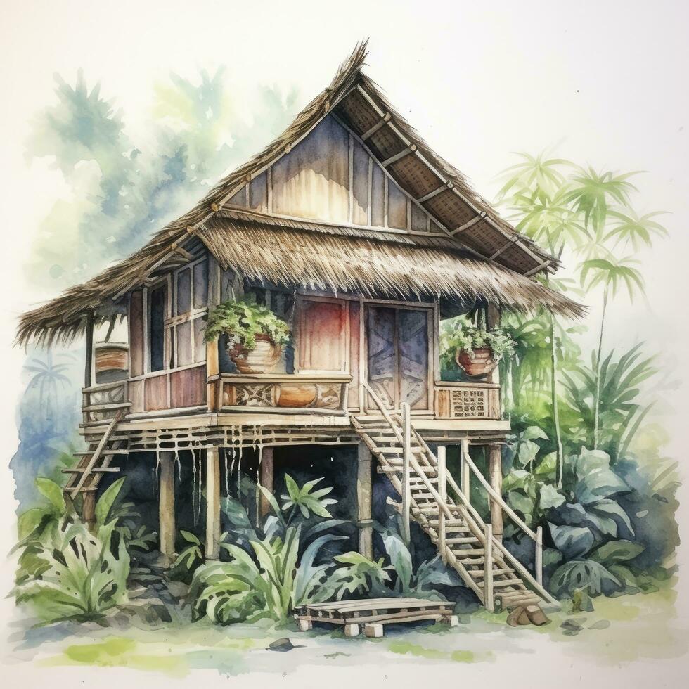 AI generated A watercolored bright serene image of a traditional bahay kubo. AI Generated photo