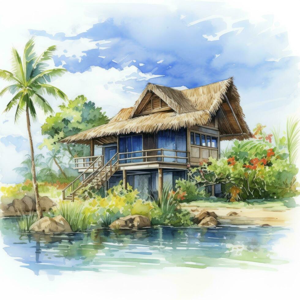 AI generated A watercolored bright serene image of a traditional bahay kubo. AI Generated photo