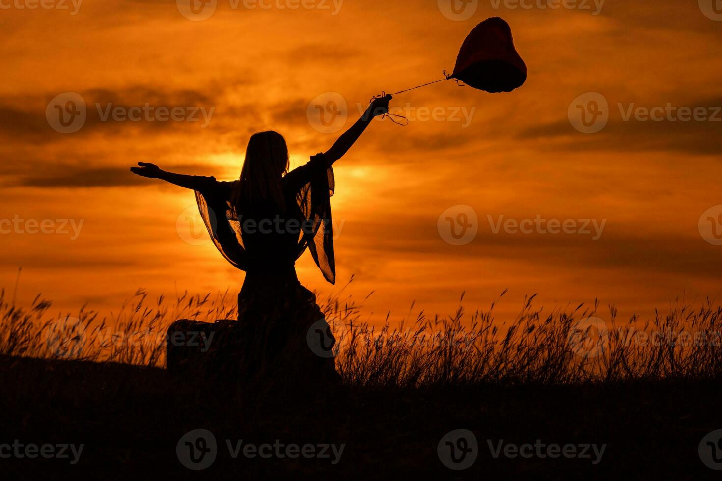 Silhouette of a woman sitting on suitcase with heart shaped balloon and looking at beautiful sunset. photo