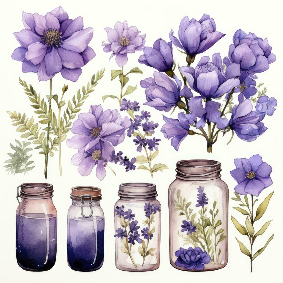 AI generated Collection of watercolor mason jars with purple flowers clipart. AI Generated photo