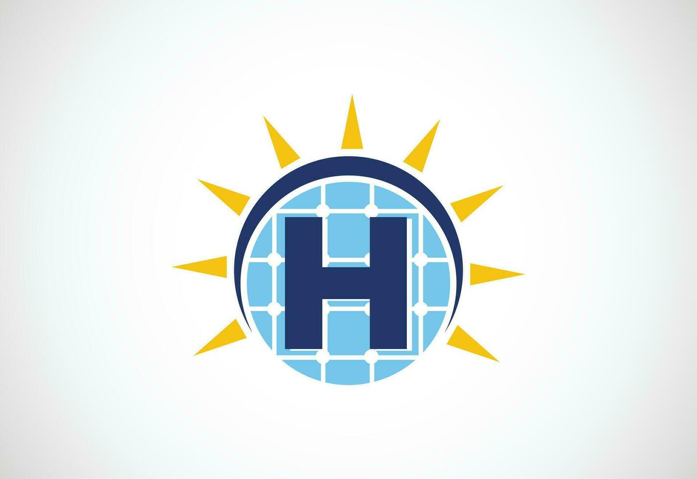 English alphabet H with solar panel and sun sign. Sun solar energy logo vector illustration