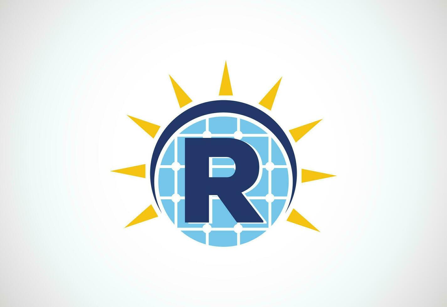 English alphabet R with solar panel and sun sign. Sun solar energy logo vector illustration