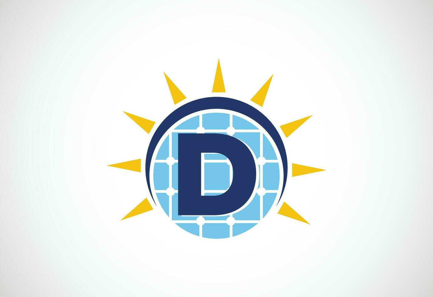 English alphabet D with solar panel and sun sign. Sun solar energy logo vector illustration