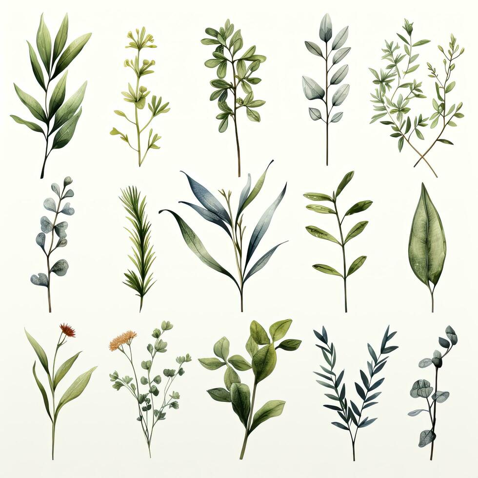 AI generated Collection of watercolor herbs clipart on white background. AI Generated photo