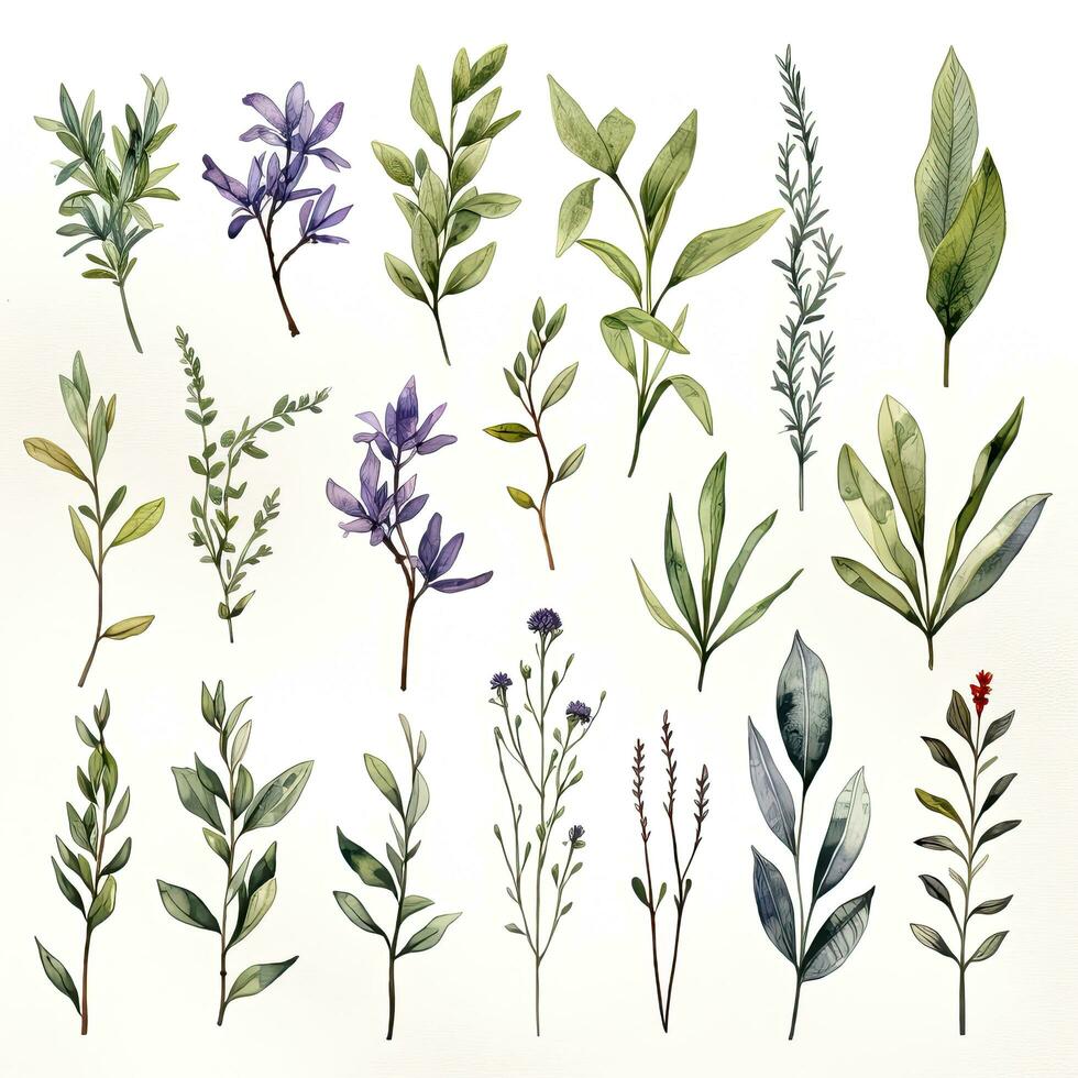 AI generated Collection of watercolor herbs clipart on white background. AI Generated photo
